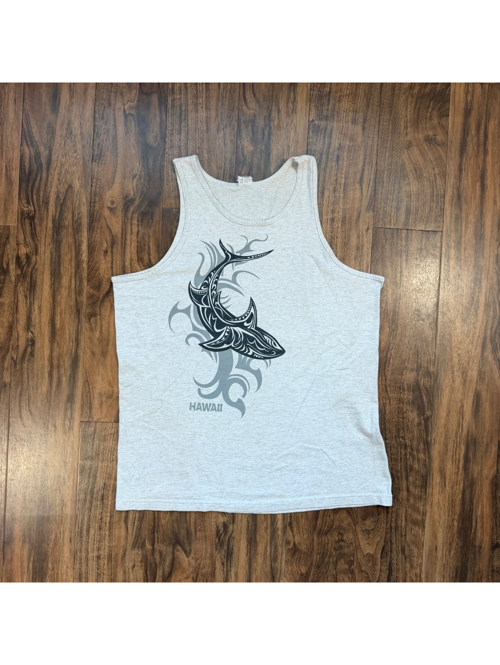 Vintage Y2K Hawaiian Tribal Shark Tank Top XL Grey Surf Beach Skater